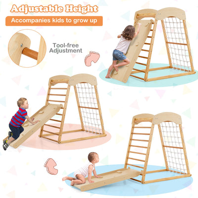 6-in-1 Jungle Gym Wooden Indoor Playground with Double-Sided Ramp and Monkey Bars-Natural