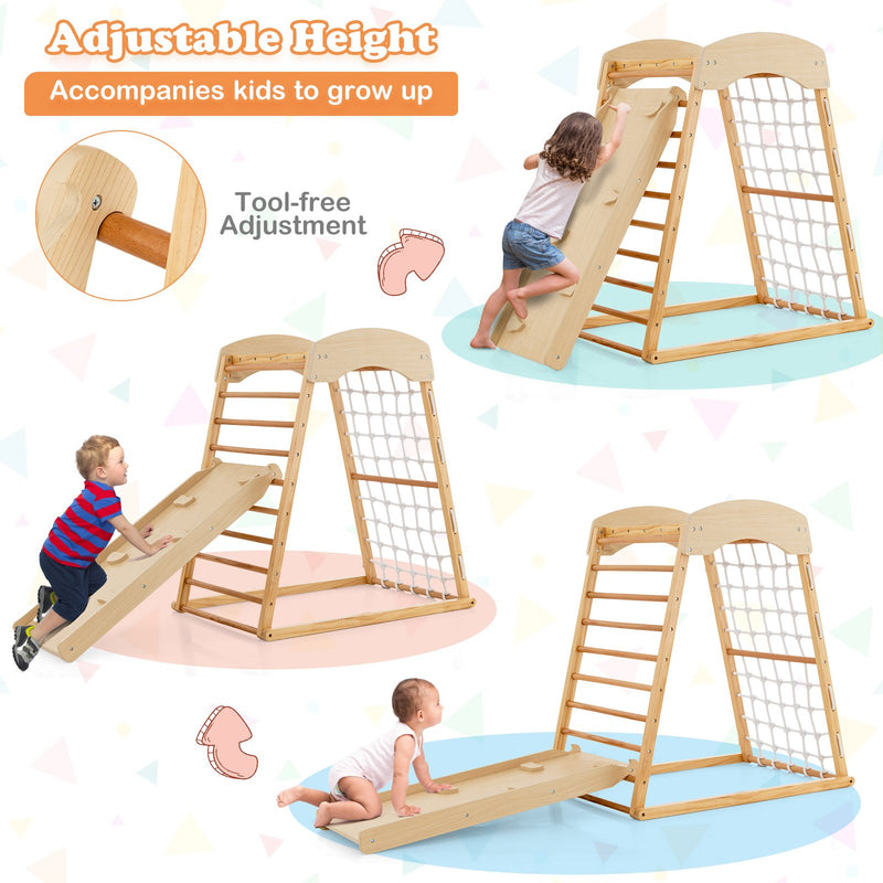 6-in-1 Jungle Gym Wooden Indoor Playground with Double-Sided Ramp and Monkey Bars-Natural