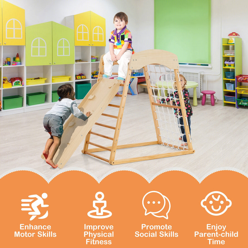 6-in-1 Jungle Gym Wooden Indoor Playground with Double-Sided Ramp and Monkey Bars-Natural