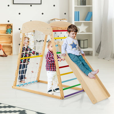 6-in-1 Jungle Gym Wooden Indoor Playground with Double-Sided Ramp and Monkey Bars-Multicolor