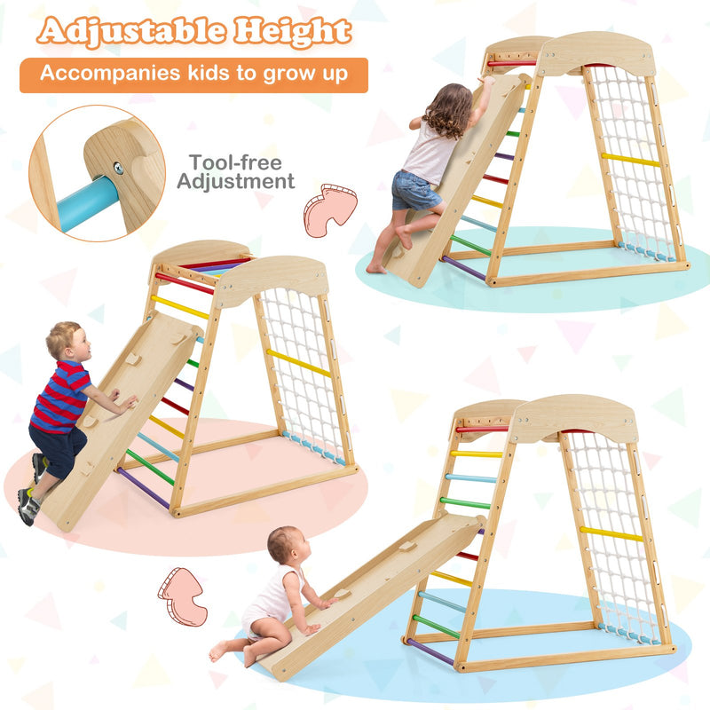 6-in-1 Jungle Gym Wooden Indoor Playground with Double-Sided Ramp and Monkey Bars-Multicolor