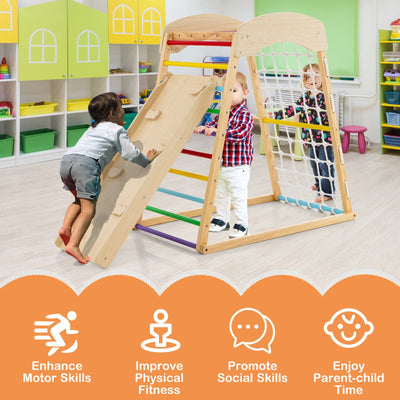 6-in-1 Jungle Gym Wooden Indoor Playground with Double-Sided Ramp and Monkey Bars-Multicolor