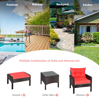 5 Pcs Patio Rattan Sofa Ottoman Furniture Set with Cushions-Red