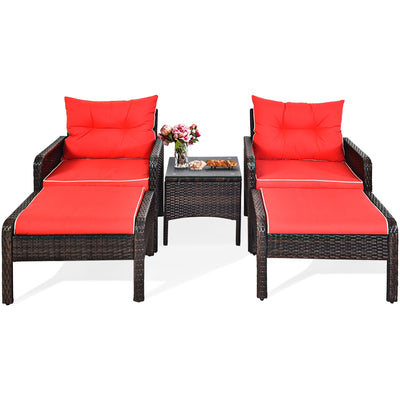 5 Pcs Patio Rattan Sofa Ottoman Furniture Set with Cushions-Red