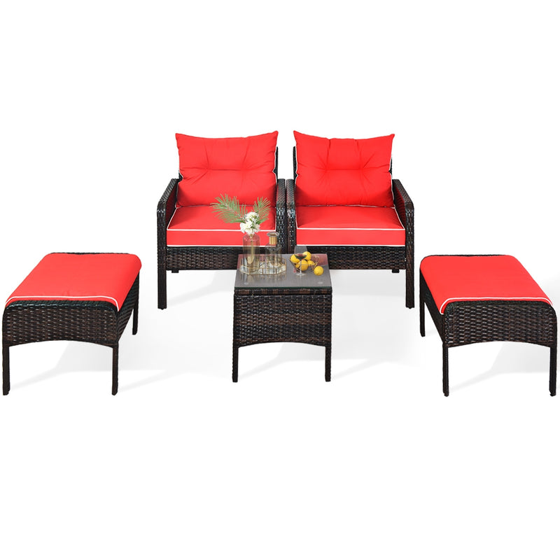 5 Pcs Patio Rattan Sofa Ottoman Furniture Set with Cushions-Red