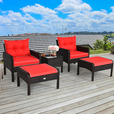 5 Pcs Patio Rattan Sofa Ottoman Furniture Set with Cushions-Red