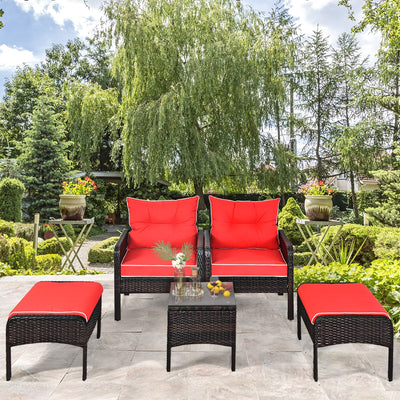 5 Pcs Patio Rattan Sofa Ottoman Furniture Set with Cushions-Red