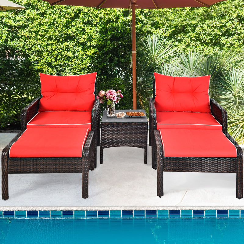 5 Pcs Patio Rattan Sofa Ottoman Furniture Set with Cushions-Red