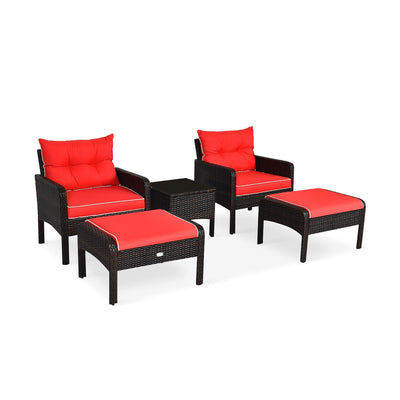 5 Pcs Patio Rattan Sofa Ottoman Furniture Set with Cushions-Red