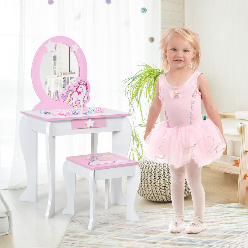 Kids Wooden Makeup Dressing Table and Chair Set with Mirror and Drawer-White