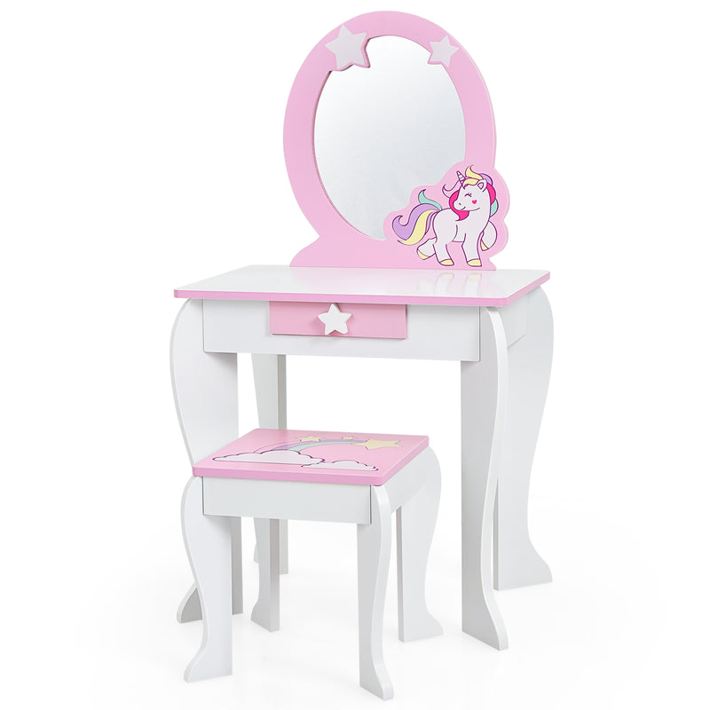 Kids Wooden Makeup Dressing Table and Chair Set with Mirror and Drawer-White