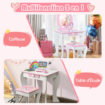 Kids Wooden Makeup Dressing Table and Chair Set with Mirror and Drawer-White