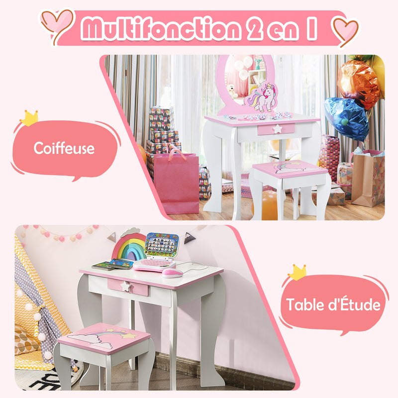 Kids Wooden Makeup Dressing Table and Chair Set with Mirror and Drawer-White