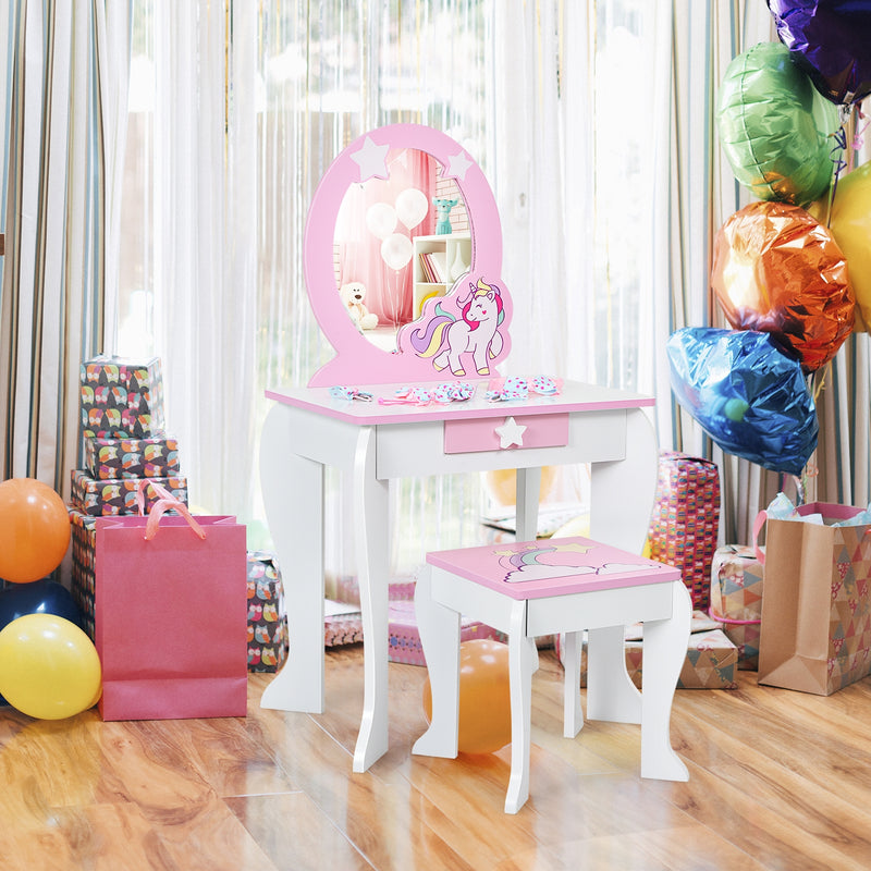 Kids Wooden Makeup Dressing Table and Chair Set with Mirror and Drawer-White