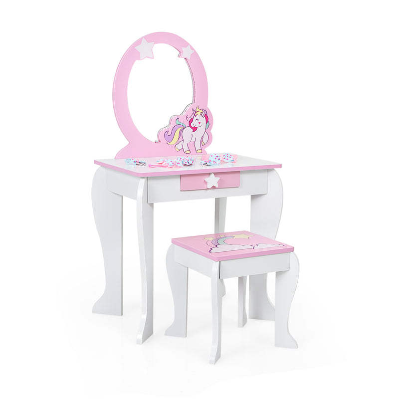 Kids Wooden Makeup Dressing Table and Chair Set with Mirror and Drawer-White