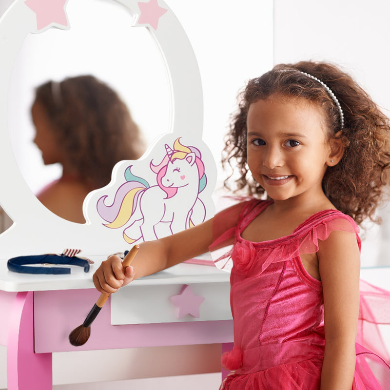 Kids Wooden Makeup Dressing Table and Chair Set with Mirror and Drawer-Pink