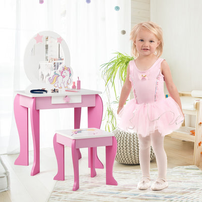 Kids Wooden Makeup Dressing Table and Chair Set with Mirror and Drawer-Pink