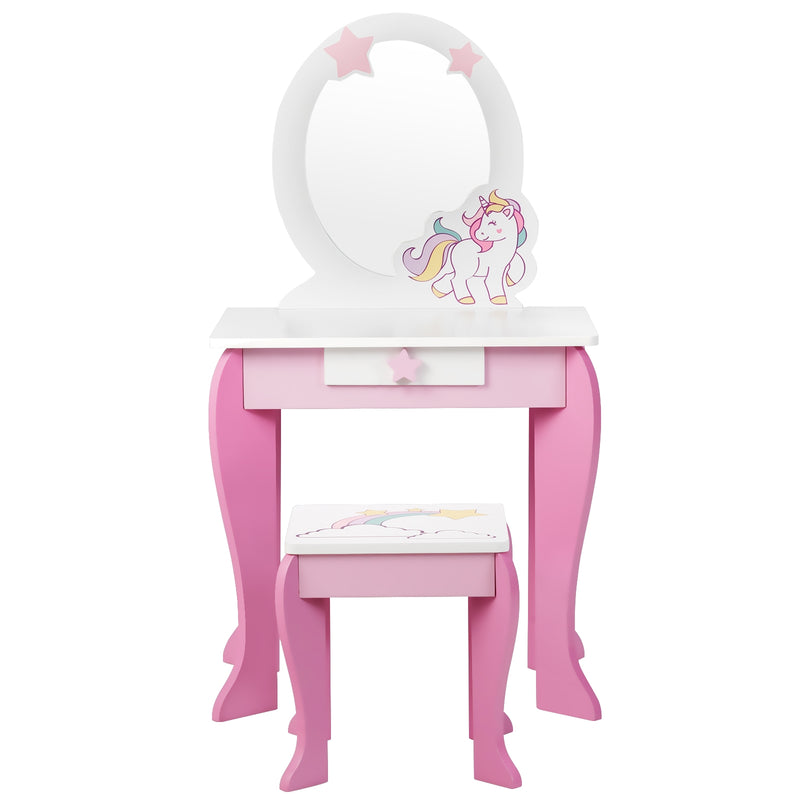 Kids Wooden Makeup Dressing Table and Chair Set with Mirror and Drawer-Pink