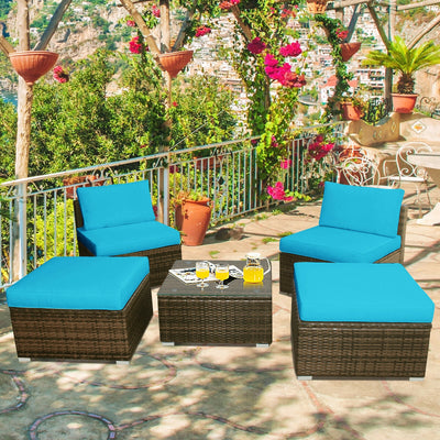 5 Pieces Patio Rattan Furniture Set with Cushioned Armless Sofa-Turquoise