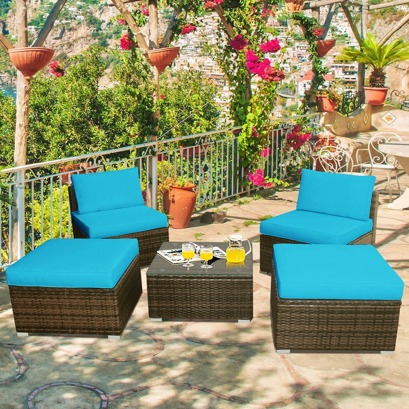 5 Pieces Patio Rattan Furniture Set with Cushioned Armless Sofa-Turquoise