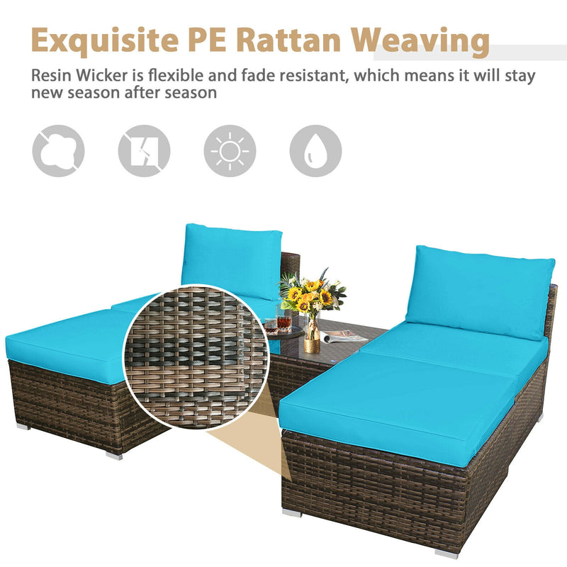 5 Pieces Patio Rattan Furniture Set with Cushioned Armless Sofa-Turquoise