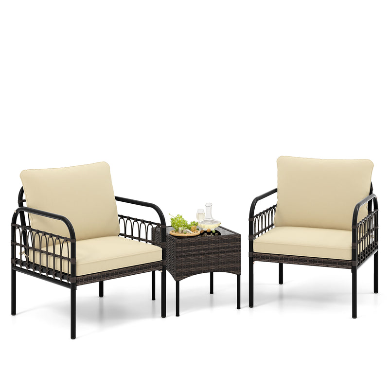 3 Pieces Patio Wicker Conversation Set with Cushions and Tempered Glass Coffee Table-Beige