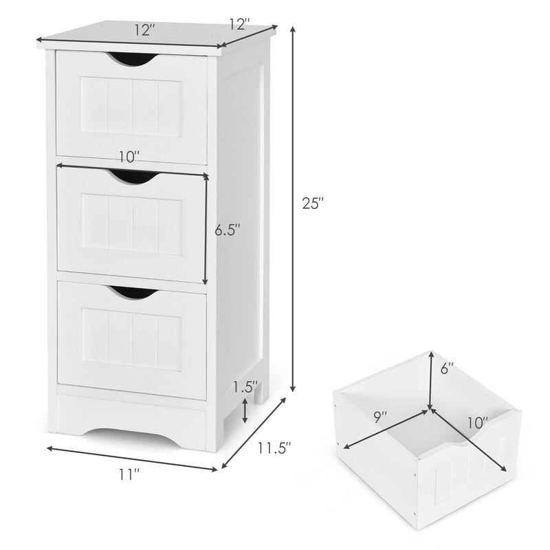 Bathroom Wooden Free Standing Storage Side Floor Cabinet Organizer-3-Tier White