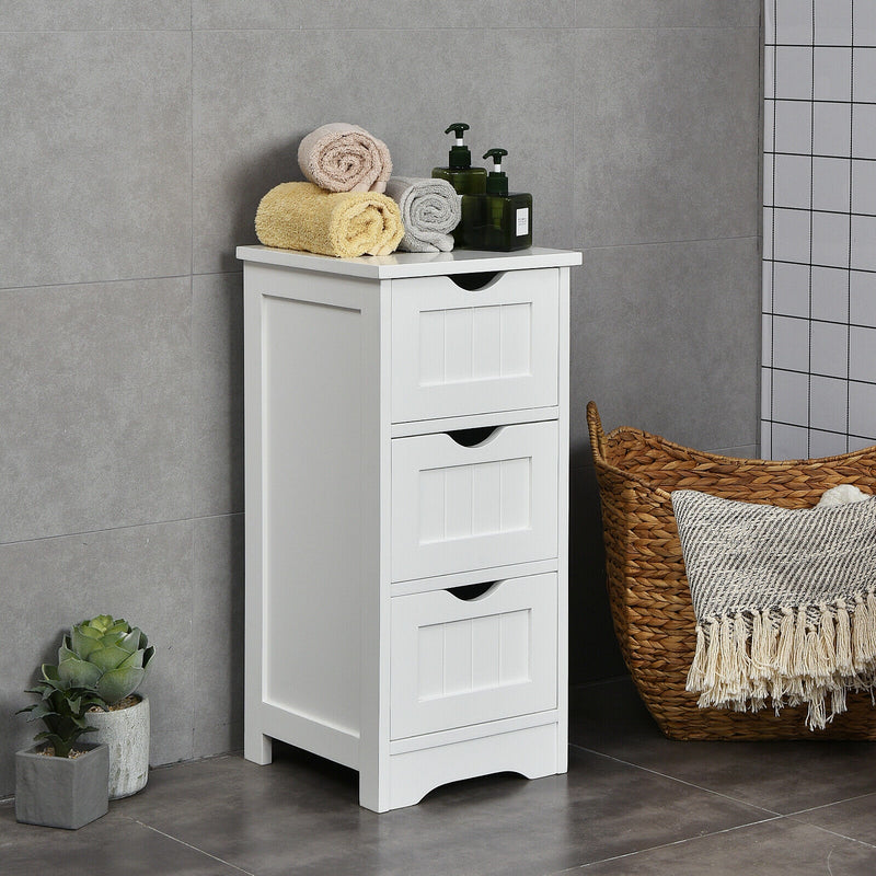 Bathroom Wooden Free Standing Storage Side Floor Cabinet Organizer-3-Tier White