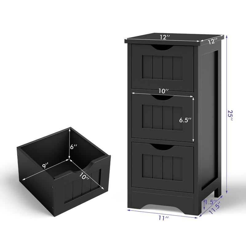 Bathroom Wooden Free Standing Storage Side Floor Cabinet Organizer-3-Tier.-Black