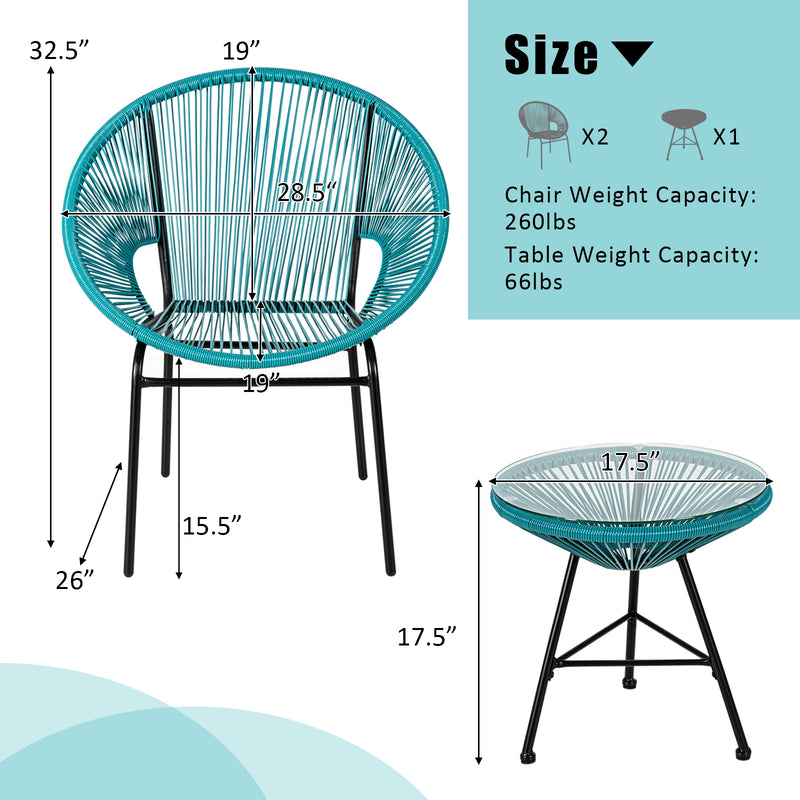 3PCS Patio Acapulco Furniture Bistro Set with GlassTable-Turquoise