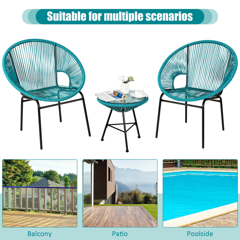 3PCS Patio Acapulco Furniture Bistro Set with GlassTable-Turquoise