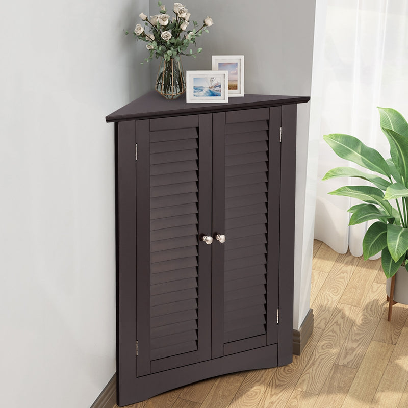 Bathroom Corner Storage Freestanding Floor Cabinet with Shutter Door-Brown