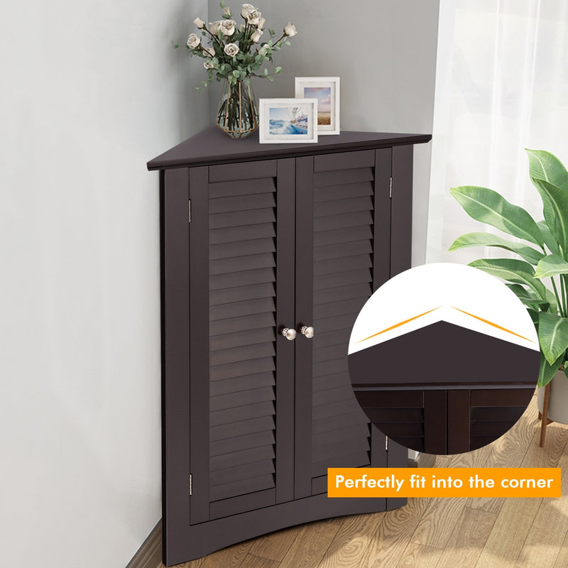 Bathroom Corner Storage Freestanding Floor Cabinet with Shutter Door-Brown