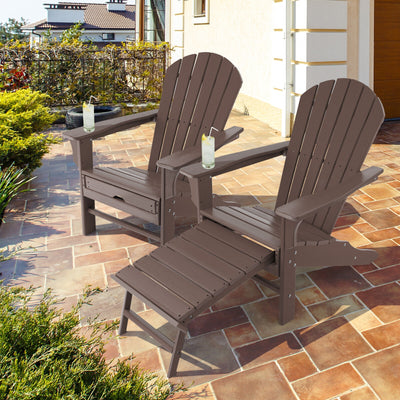 Patio HDPE Adirondack Chair with Retractable Ottoman-Brown