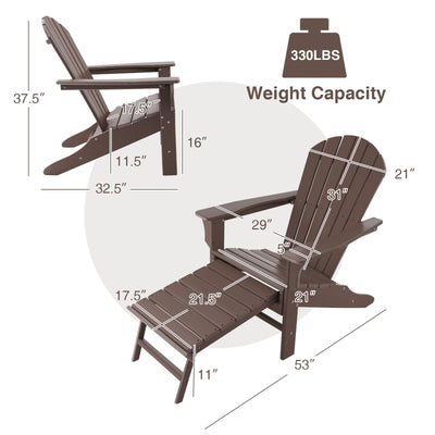 Patio HDPE Adirondack Chair with Retractable Ottoman-Brown