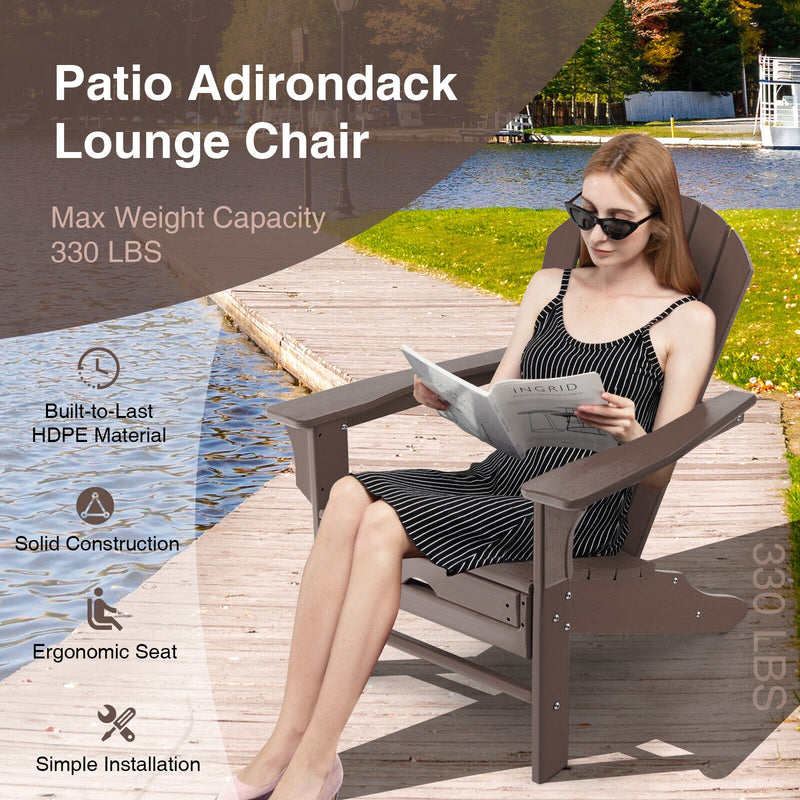 Patio HDPE Adirondack Chair with Retractable Ottoman-Brown