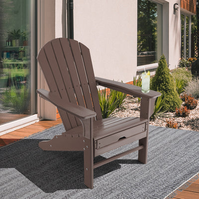 Patio HDPE Adirondack Chair with Retractable Ottoman-Brown