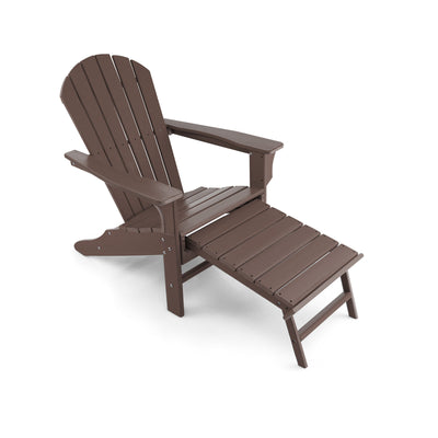 Patio HDPE Adirondack Chair with Retractable Ottoman-Brown