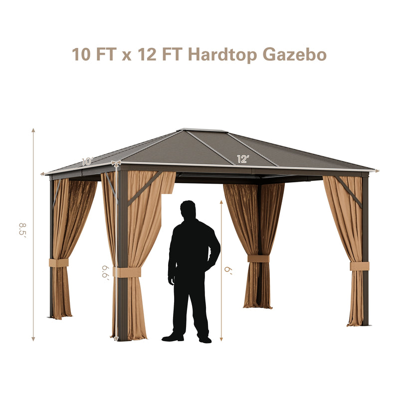 12 x10 Feet Outdoor Hardtop Gazebo with Galvanized Steel Top and Netting-Brown