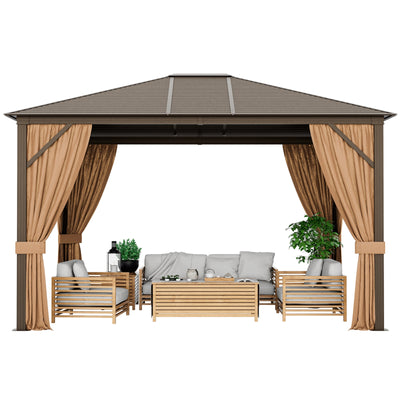 12 x10 Feet Outdoor Hardtop Gazebo with Galvanized Steel Top and Netting-Brown