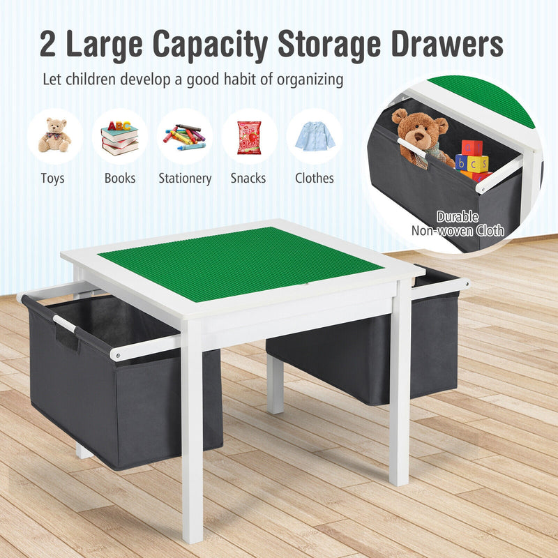 2-in-1 Kids Double-sided Activity Building Block Table with Drawers-White