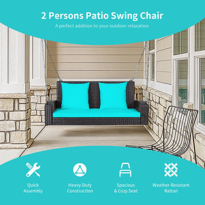 2-Person Patio Rattan Porch Swing with Cushions-Turquoise