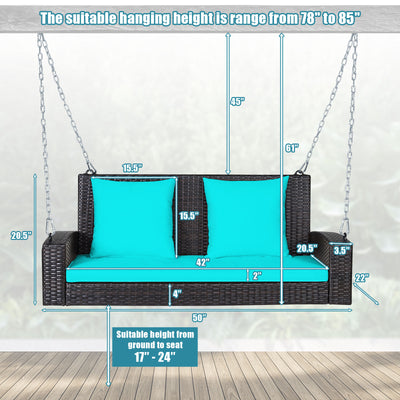 2-Person Patio Rattan Porch Swing with Cushions-Turquoise