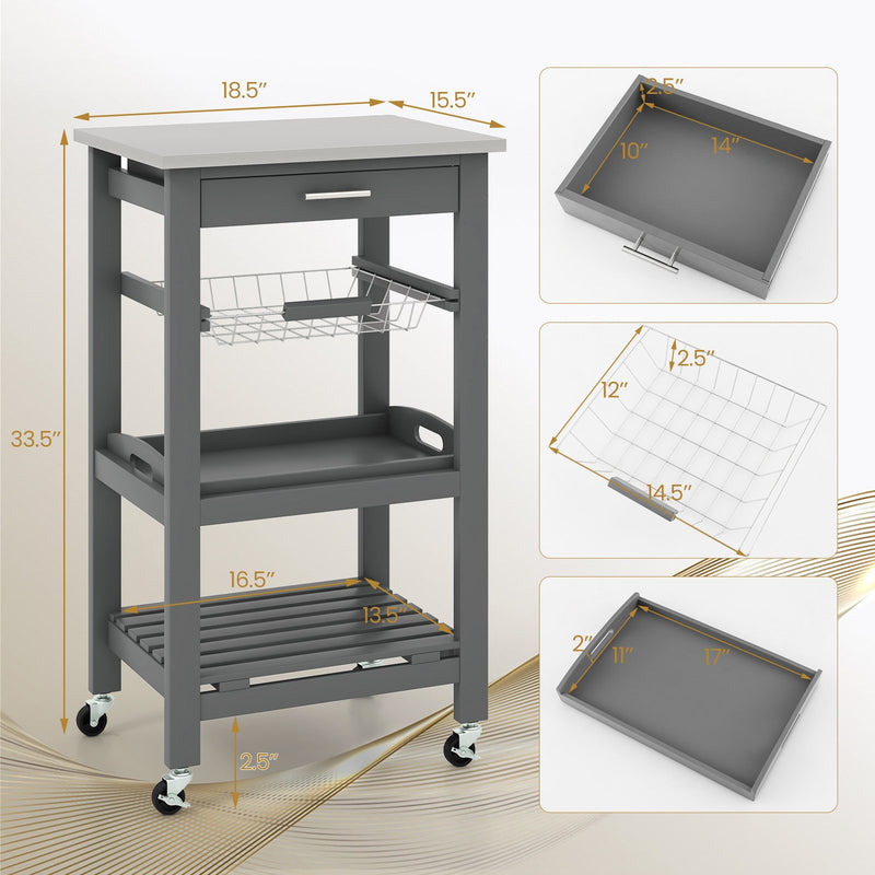 Kitchen Island Cart with Stainless Steel Tabletop and Basket-Gray