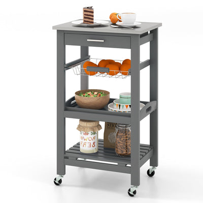 Kitchen Island Cart with Stainless Steel Tabletop and Basket-Gray