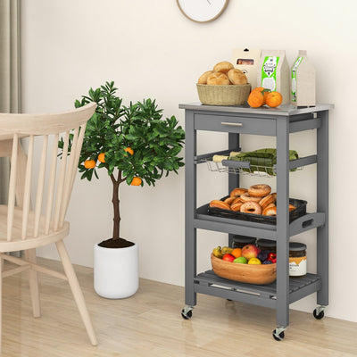 Kitchen Island Cart with Stainless Steel Tabletop and Basket-Gray