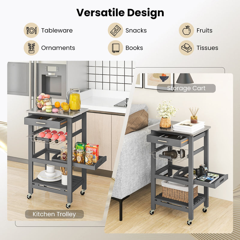 Kitchen Island Cart with Stainless Steel Tabletop and Basket-Gray