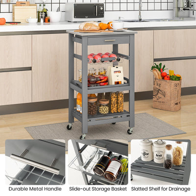 Kitchen Island Cart with Stainless Steel Tabletop and Basket-Gray