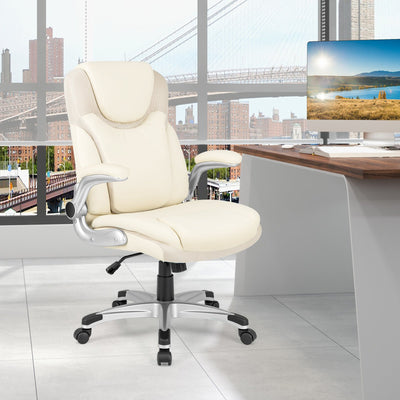 Ergonomic Office PU Leather Executive Chair with Flip-up Armrests and Rocking Function-White