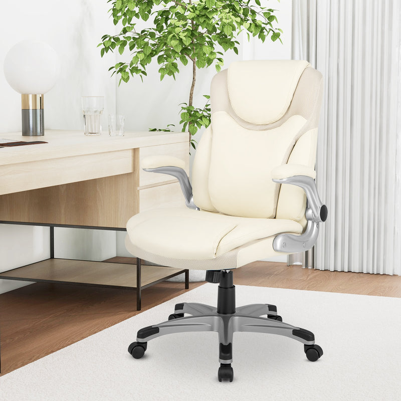 Ergonomic Office PU Leather Executive Chair with Flip-up Armrests and Rocking Function-White